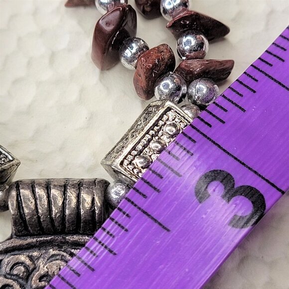Brown Shell and Tubular Silver Tone Bead Necklace with Large Round Pendant - Picture 8 of 8